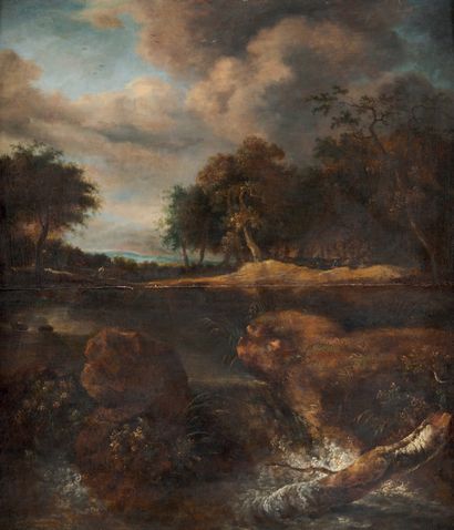 RUYSDAEL Jacob (école de) 1628 - 1682. Paysage boisé à la rivière. Huile sur panneau....