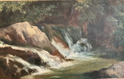 CALAME Alexandre (Attribué à) Corsier-sur-Vevey 1810 - Menton 1864.
Waterfall.
Oil...
