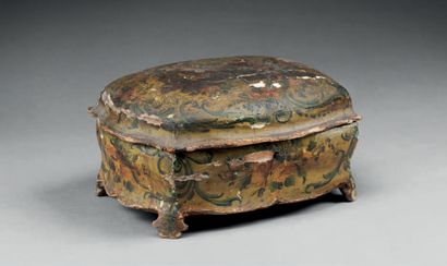 null Italian varnish box of movement form, the curved lid, resting on small cambered...