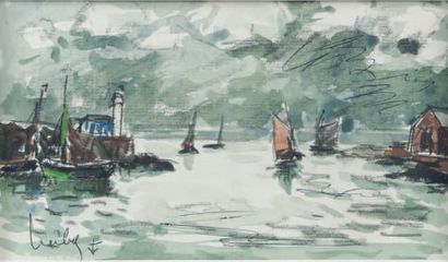 Fernand HERBO (1905-1995) Honfleur, le port.
Aquarelle gouachée, signée en bas à...