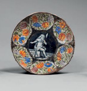 null Painted enamel bowl of circular form, decorated with a
Hercules seated in grisaille...