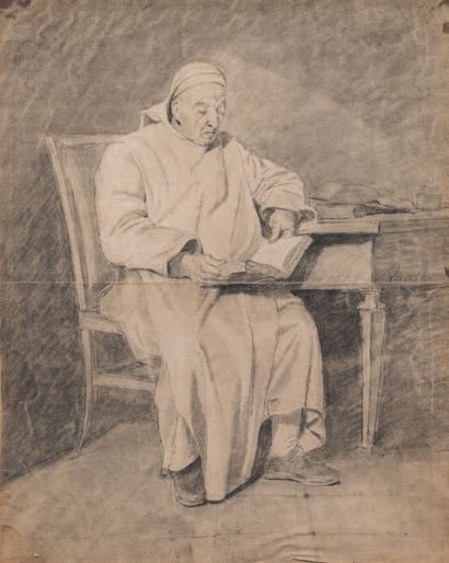 VAN LOO Carl (attribué à) Religious reading. Drawing with black stone and estompe....