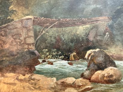 École Française vers 1830. Wooden bridge above the torrent.
Oil on paper pasted on...