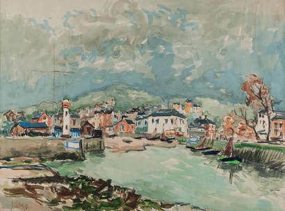 Fernand HERBO (1905-1995) L'entrée du port.
Gouache aquarellée, signée en bas à gauche.
46...