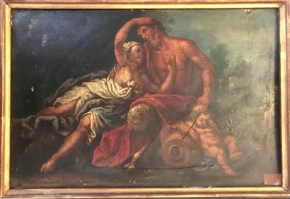 ECOLE FRANCAISE Fin du XVIIIe siècle. Faun and Bacchante near a sleeping love in...