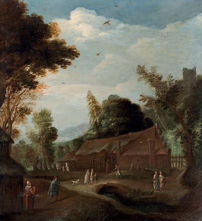 ACHTSCHELLING Lucas (Attribué à) 1626 - 1699. Village près d'un sous-bois et personnages...