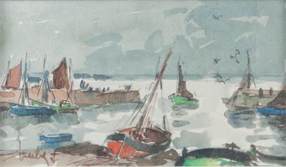 Fernand HERBO (1905-1995) La barque verte.
Aquarelle gouachée, signée en bas à gauche.
11...
