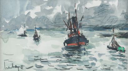 Fernand HERBO (1905-1995) The steamer.
Watercolor gouache, signed lower left.
11.5...