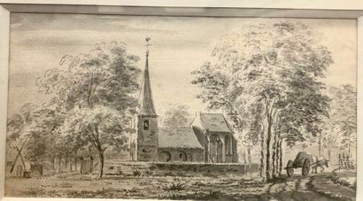 École française du XVIIIe siècle. Route de campagne longeant une petite église.
Plume,...