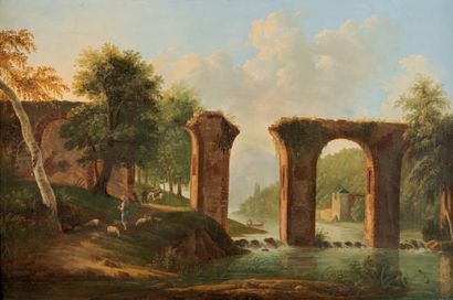 ECOLE FRANCAISE, premier tiers du XIXe siècle. River landscape with a ruined aqueduct,...