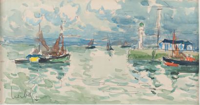 Fernand HERBO (1905-1995) Sailboats leaving the port.
Watercolor gouache, signed...