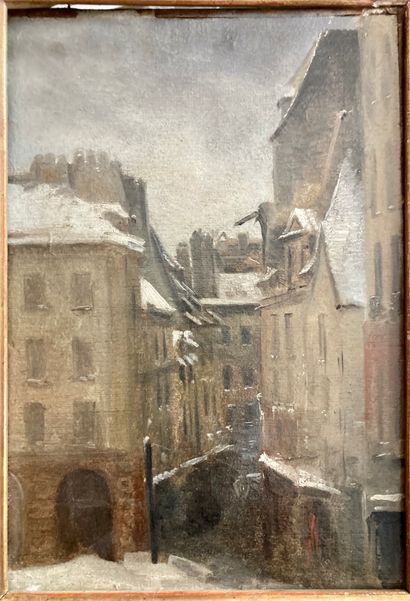 GARNERAY Hippolyte (Attribué à) Paris 1787 - 1858.
Rue l'hiver sous la neige en Alsace.
Huile...