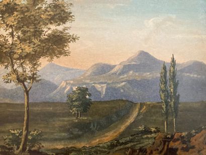 Ecole française vers 1800. Road in the plain at the foot of the mountains.
Oil on...