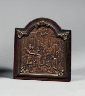 null Bronze plaque representing the Abduction of Helen, in a blackened wood and varnished...