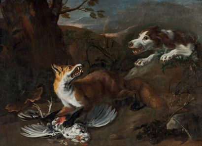 BERNAERTS Nicasius (Ecole de) 1620 - 1678. Dog attacking a fox skinning a bird. Oil...