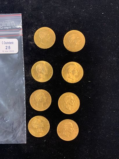 null Huit pièces d'or de vingt-cinq pesetas Alfonso XII.

(usures). 

Poids : 64,50...