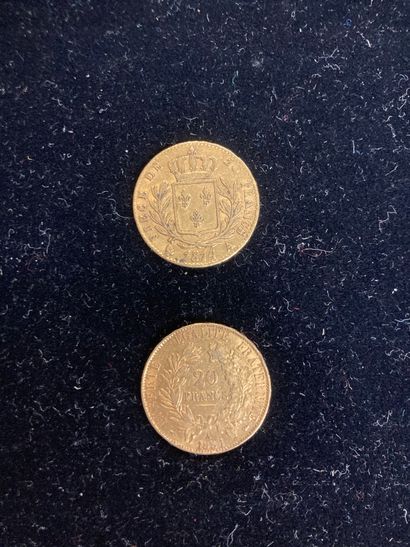 null Deux pièces d'or de vingt francs (1814 et 1851).

(usures)

Poids: 12.84 gr...