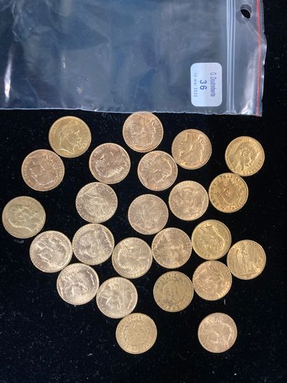 null Vingt quatre pièces d'or de vingt francs Napoléon III (16 x coq; 3 x Barbiche;...