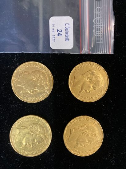 null Quatre pièces d'or de cinquante francs Napoléon III.

(usures). 

Poids : 64,29...