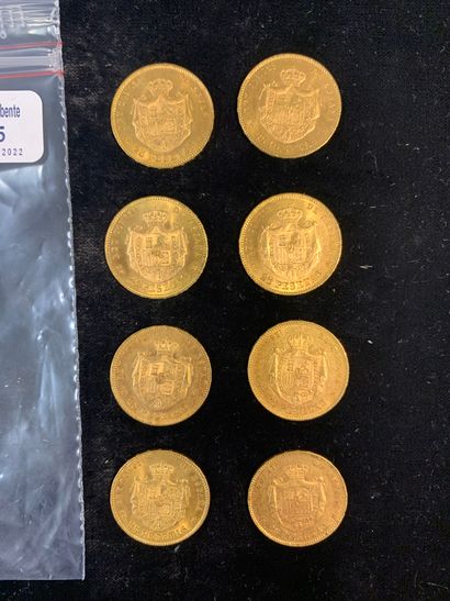 null Huit pièces d'or de vingt-cinq pesetas Alfonso XII.

(usures). 

Poids : 64,50...