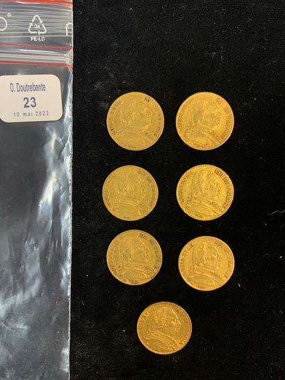 null Sept pièces d'or de vingt francs Louis XVIII.

(usures). 

Poids : 44,92 gr...