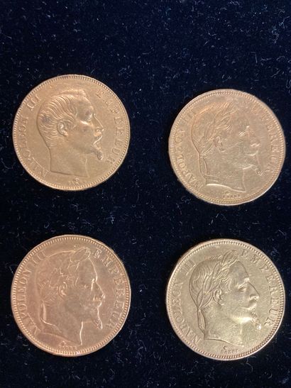 null Quatre pièces d'or de cinquante francs Napoléon III.

(usures). 

Poids : 64,29...