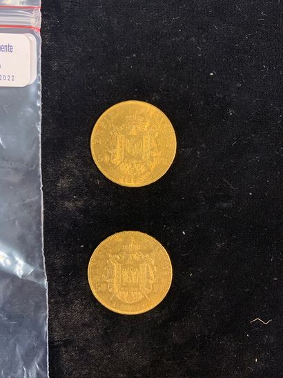 null Deux pièces d'or de cinquante francs (1866 et 1867) .

(usures). 

Poids: 32.22...