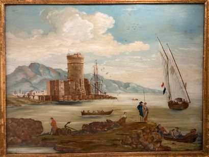ECOLE FRANCAISE Fin du XVIIIe siècle - début du XIXe siècle Vue de port avec voilier,...