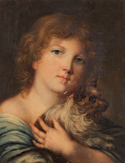 GREUZE Jean - Baptiste (Ecole de) 1725 - 1805.
Fillette au petit chien.
Huile sur...