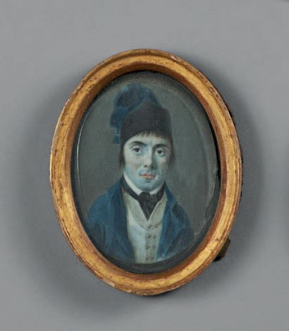 ECOLE FRANCAISE Fin XVIII - Début XIXe Portrait d'homme à la coiffe bleue à pompons,...