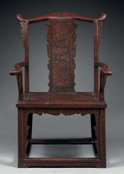CHINE - XVIIe siècle Grand fauteuil en laque tianqi et qiangjin rouge, vert, jaune...