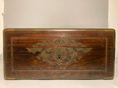 null Walnut case with engraved brass inlays, decorated with foliage and monogram;...