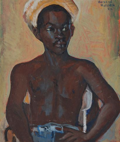 Boscoe HOLDER ( 1921 - 2007) Homme à la coiffe jaune, 1982.
Huile sur panneau, signée...