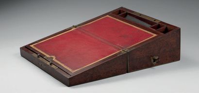 null Wooden writing case with engraved brass inlays, decorated with palmettes, the...