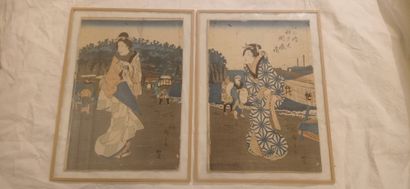 Utagawa Kunisada/Toyokuni III (1797-1858) Trois oban tate-e, parties de triptyques,...
