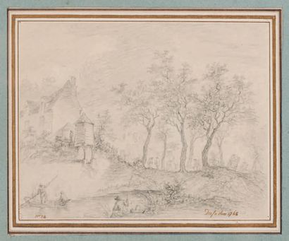 DESFRICHES Aignan-Thomas Orléans, 1715-1800.
Bord de rivière avec villageois en barque,...