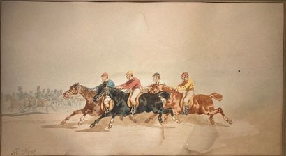 Théodore FORT (1810 - 1896) La course.
Aquarelle, signée en bas vers la gauche.
(Insolée,...
