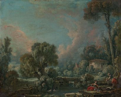 BOUCHER François Paris 1703 - id ; 1770.
1 - Paysage au pigeonnier.
Huile sur toile...