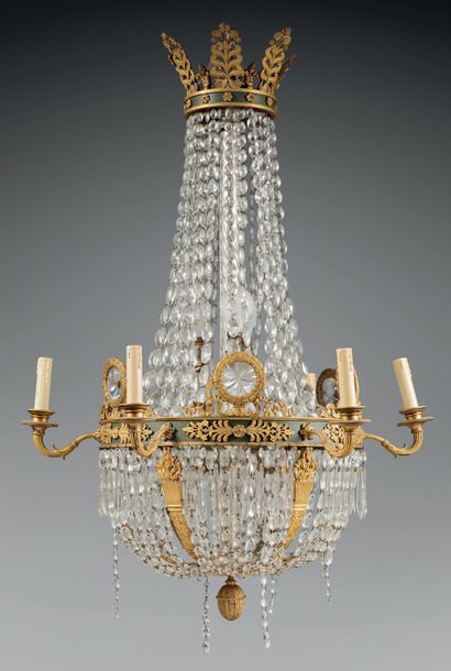 null Gilt bronze and cut glass chandelier of basket form with six lights and decoration...