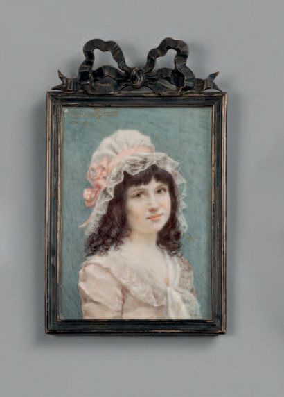 RICHARD Hortense Paris 1860 - après 1900. Portrait de fillette au bonnet de dentelle...