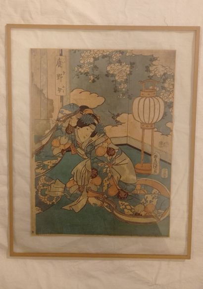 Utagawa Kunisada/Toyokuni III (1797-1858) Trois oban tate-e, parties de triptyques,...