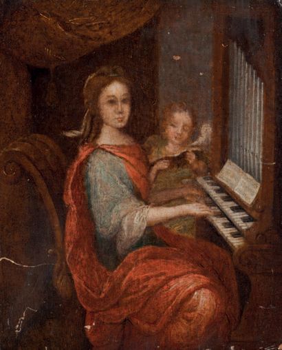 ECOLE FRANÇAISE du XVIIe Sainte Cécile avec un petit ange.
Huile sur panneau (petites...
