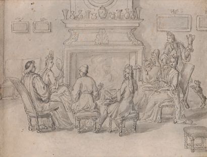 ECOLE FRANÇAISE vers 1690-1700 Assembly around the fireplace.
Pen, black ink and...