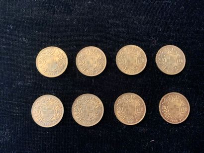 null Huit pièces d'or de vingt francs suisses.
Poids: 51,60 gr.
(Usures)