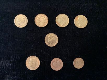 null Lot de huit pièces d'or comprenant:
- Cinq pièces de vingt francs (Louis XVIII,...