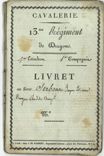null LIVRET MILITAIRE. Livret du dragon Jacques-Étienne Serbonne, 1814 ; carnet in-12...