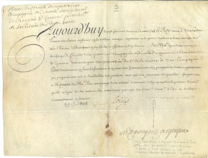 null LOUIS XV. 7 P.S. (secrétaire), 1748-1767 ; 3 contresignées par Marc-Pierre de...