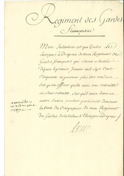 null LOUIS XV P.S., Versailles 25 décembre 1749 ; 1 page in-fol.
Sur le Régiment...