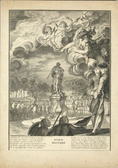 null ÉCOLE MILITAIRE. Estampe, par Eisen, gravée par François, [1756] ; 40 x 28 cm.
Rare...