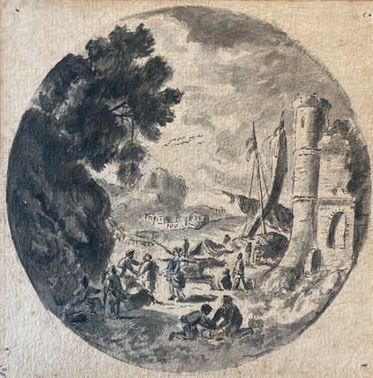 ECOLE FRANCAISE du XVIIIe siècle Lively harbor scene.
Pen, black ink and gray wash...